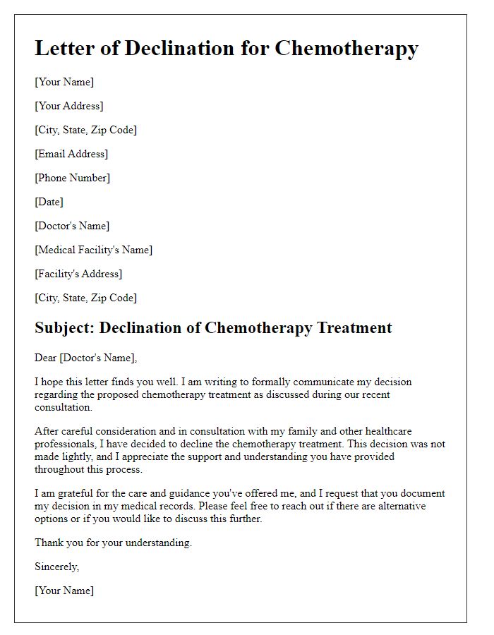 Letter template of declination for chemotherapy.