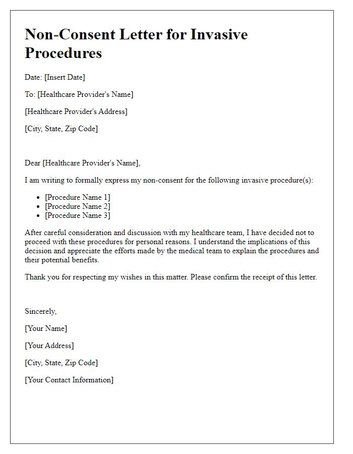 Letter template of non-consent for invasive procedures.