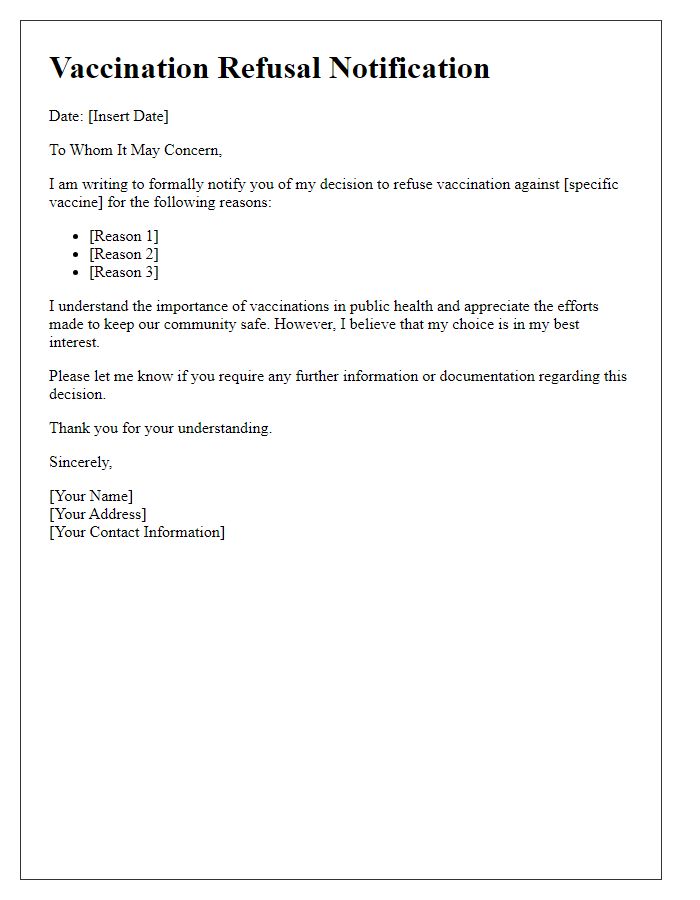 Letter template of notification for refusing vaccination.