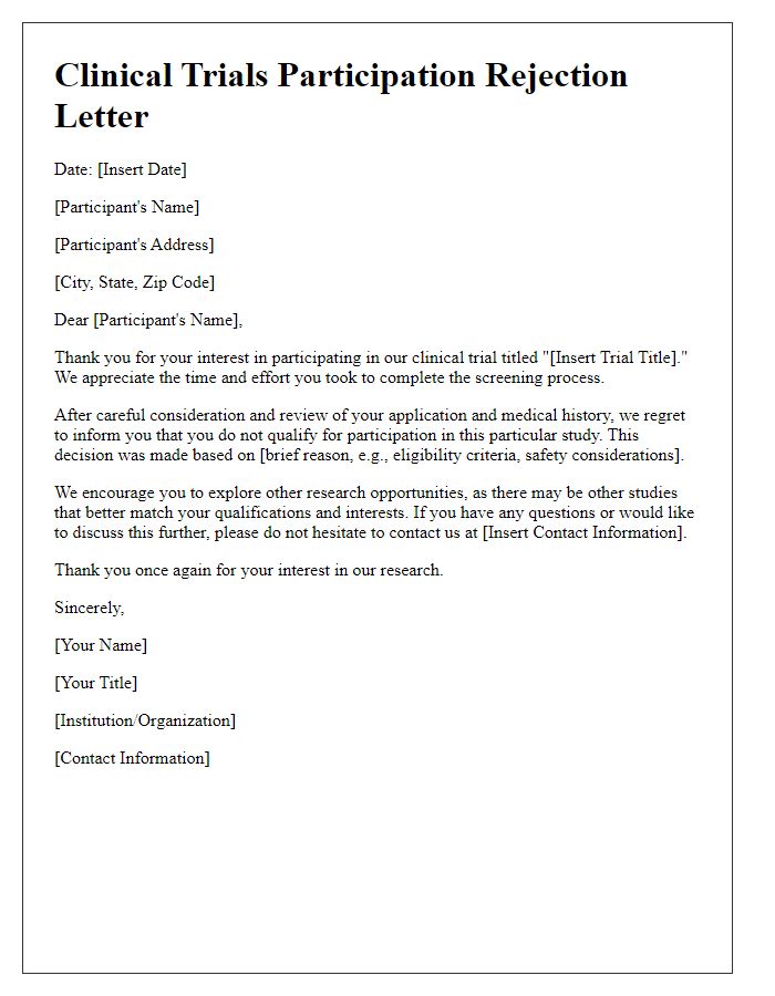 Letter template of rejection for clinical trials participation.