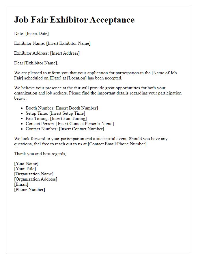 Letter template of job fair exhibitor acceptance