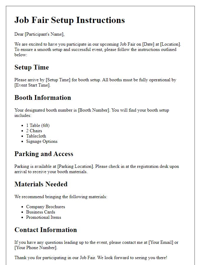 Letter template of job fair setup instructions