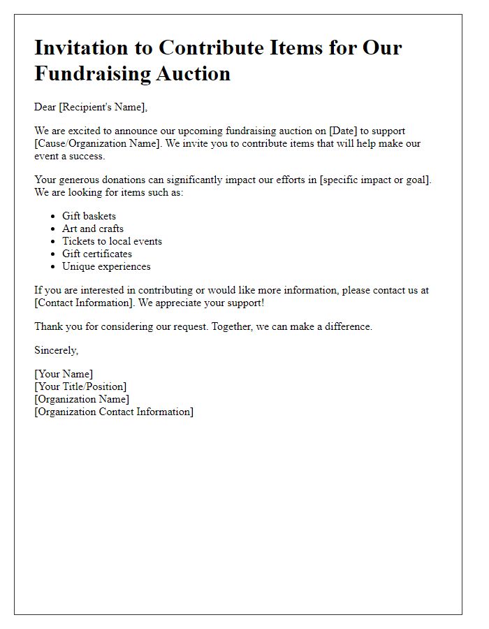 Letter template of invitation to contribute items for fundraising auction