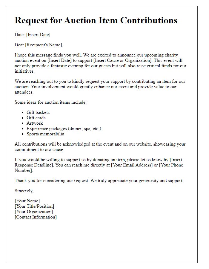 Letter template of request for auction item contributions