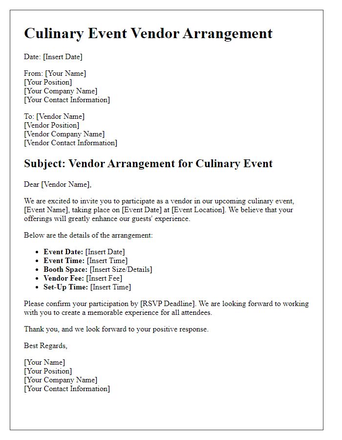 Letter template of Culinary Event Vendor Arrangement