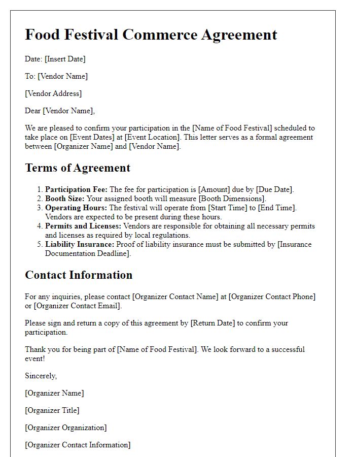 Letter template of Food Festival Commerce Agreement