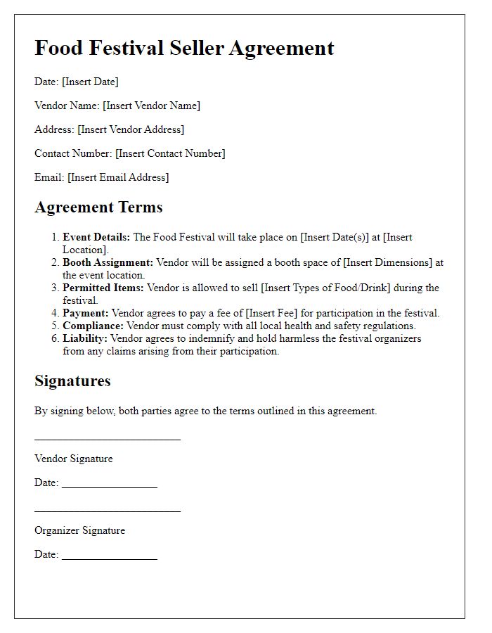 Letter template of Food Festival Seller Agreement