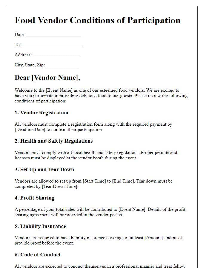 Letter template of Food Vendor Conditions of Participation