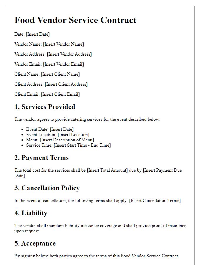 Letter template of Food Vendor Service Contract