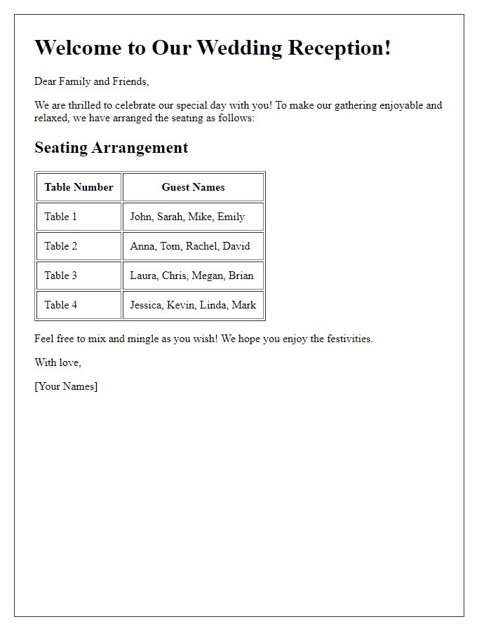 Letter template of wedding reception seating arrangement for a casual gathering.