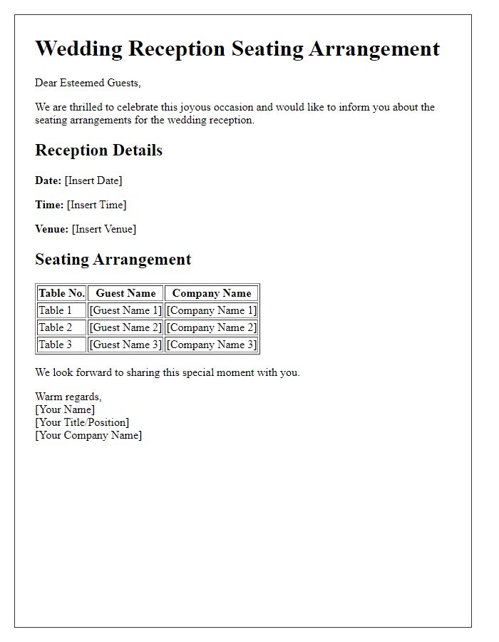 Letter template of wedding reception seating arrangement for corporate guests.