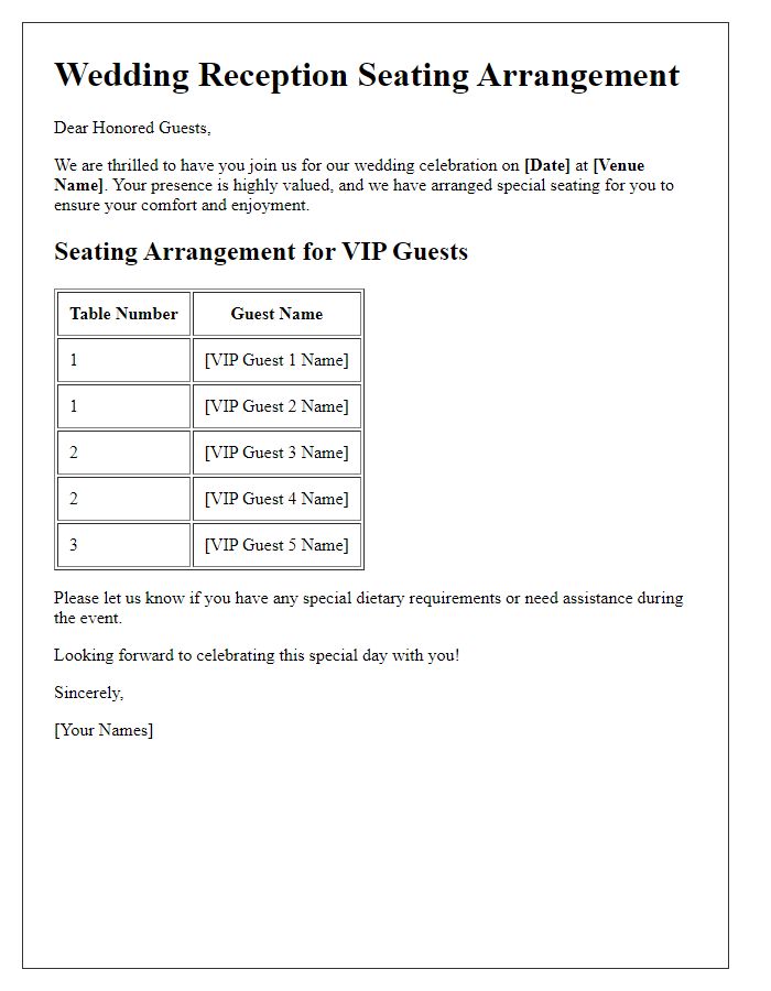 Letter template of wedding reception seating arrangement for VIP guests.