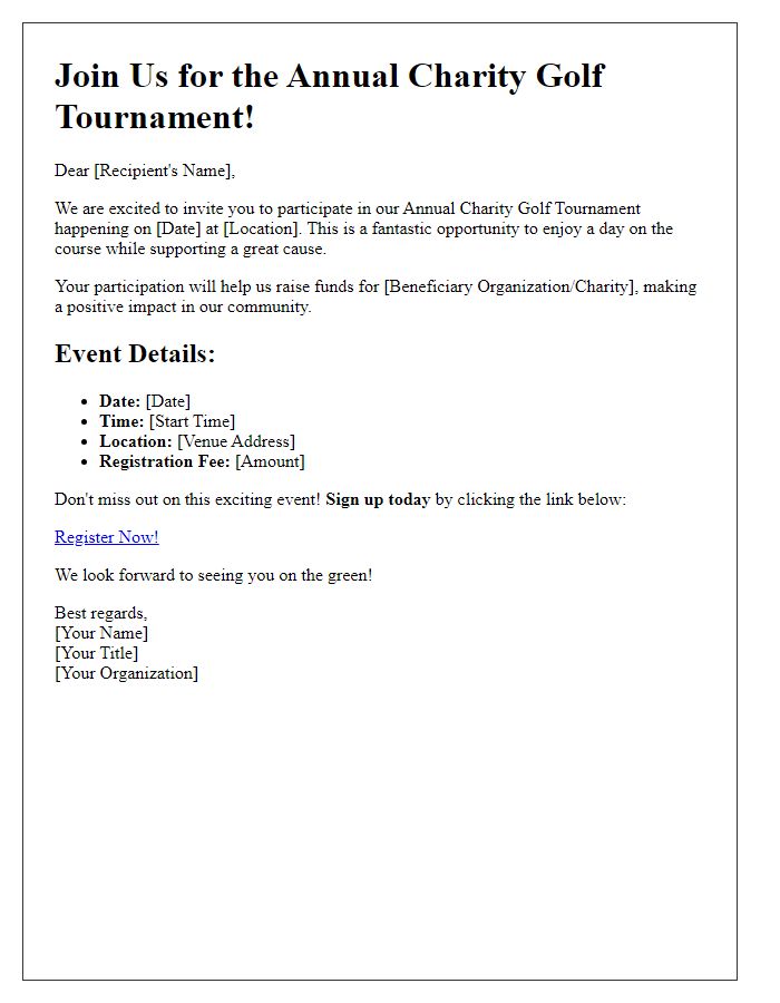 Letter template of call to action for golf tournament sign-up