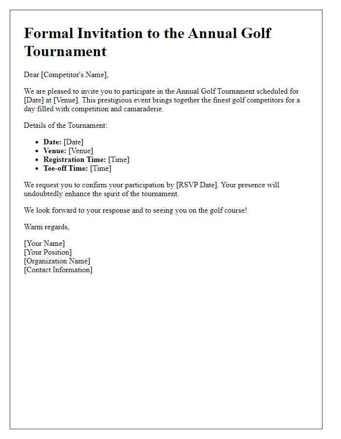 Letter template of formal invitation for golf tournament competitors