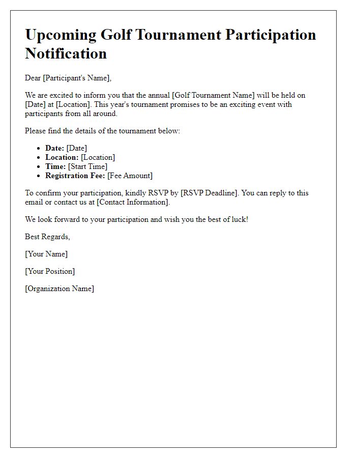 Letter template of notification for upcoming golf tournament participation