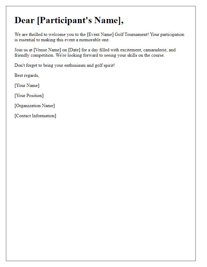 Letter template of participation greeting for golf tournament