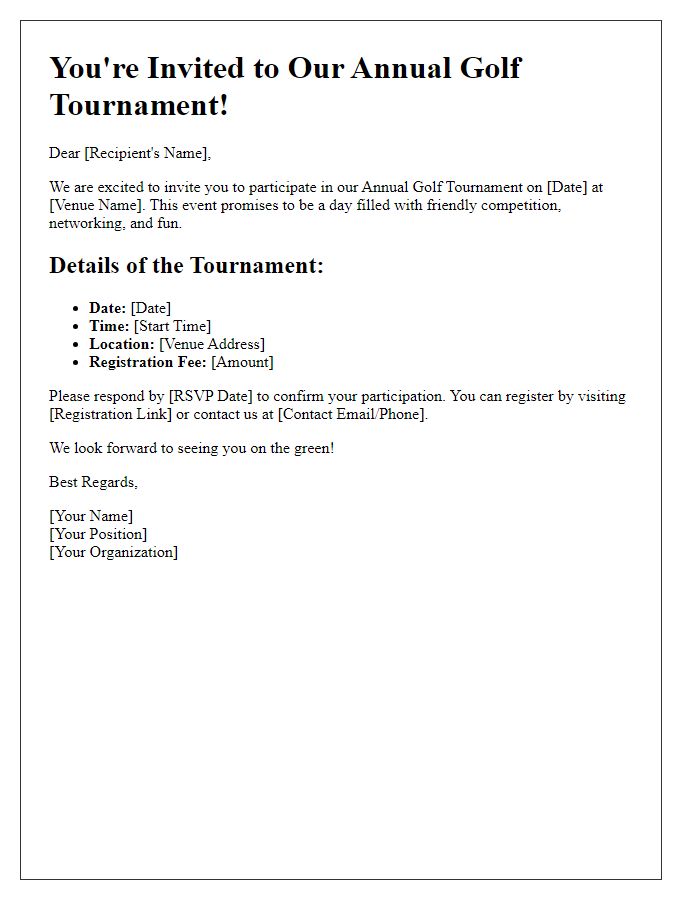 Letter template of registration invitation for golf tournament