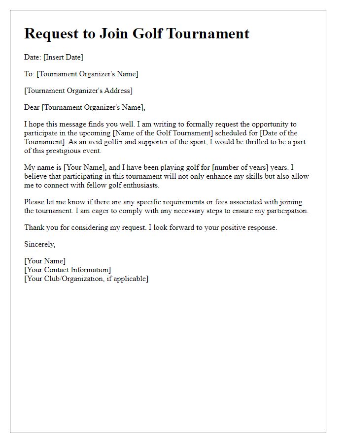 Letter template of request to join golf tournament