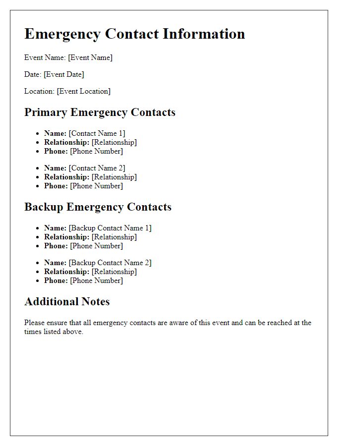 Letter template of backup emergency contacts for event safety.