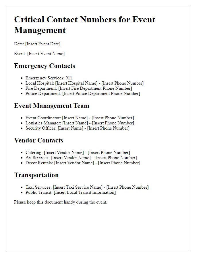 Letter template of critical contact numbers for event management.