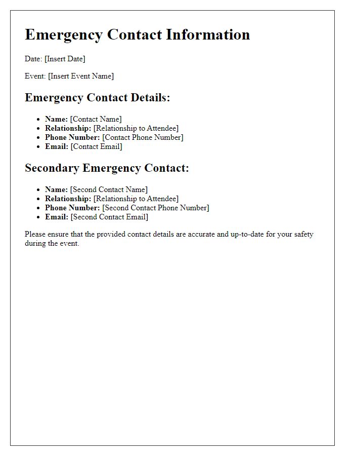 Letter template of emergency contact details for an event.