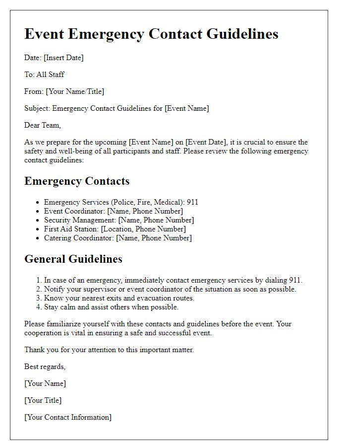 Letter template of event emergency contact guidelines for staff.