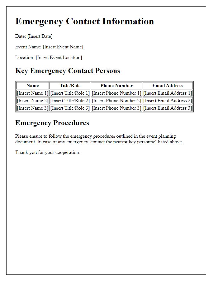 Letter template of key emergency contact persons for event execution.