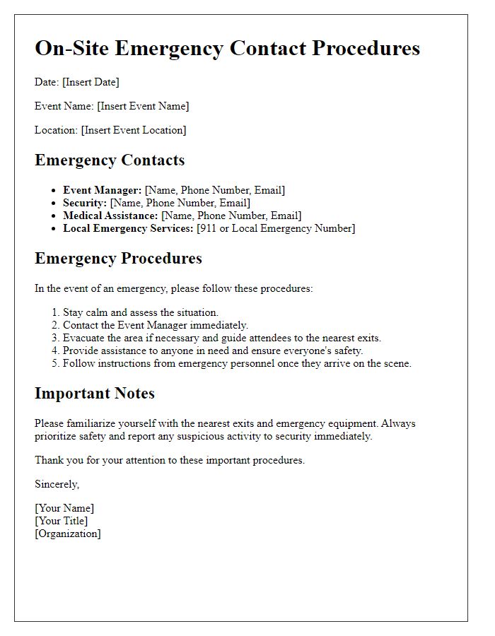 Letter template of on-site emergency contact procedures for events.