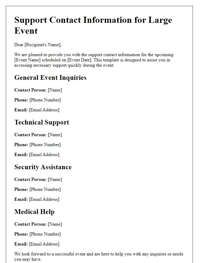 Letter template of support contact information for large events.