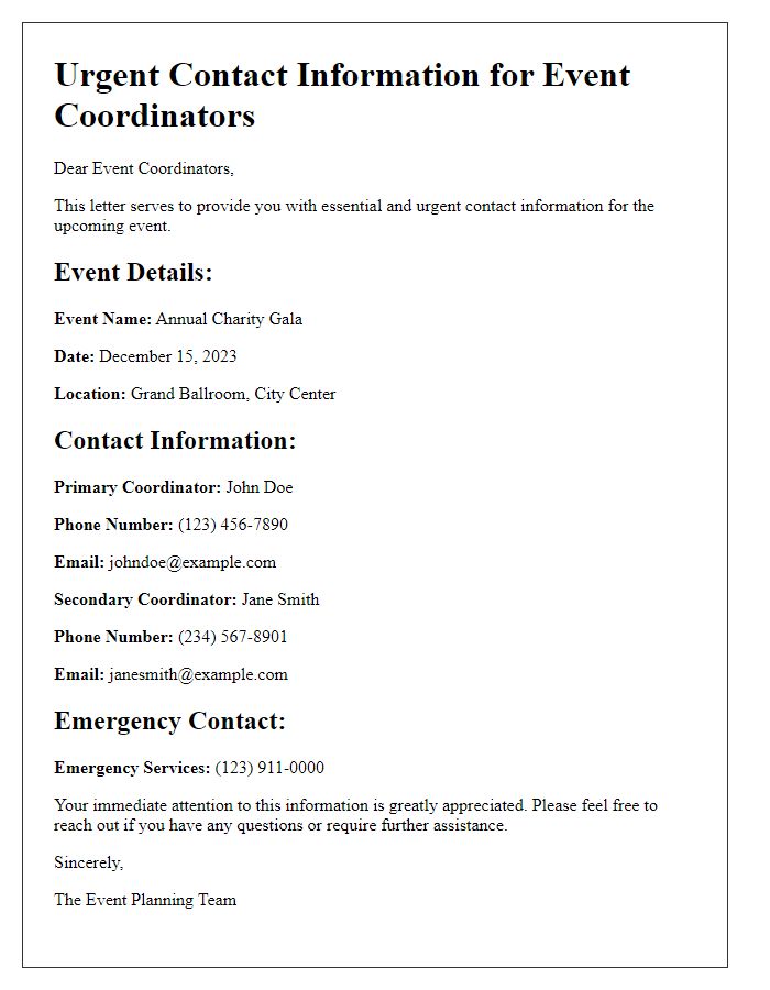 Letter template of urgent contact information for event coordinators.