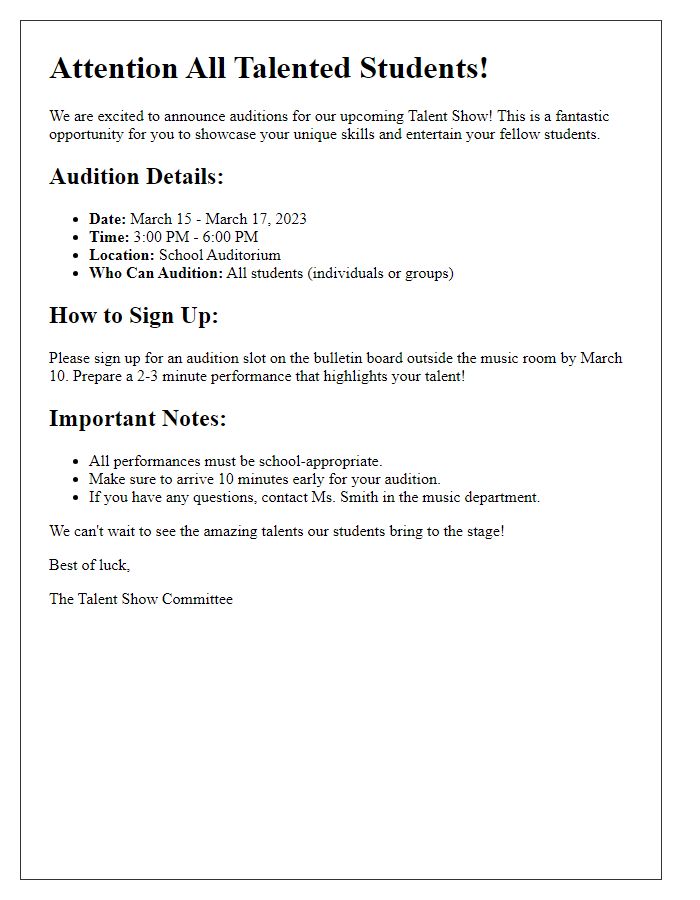 Letter template of announcement for talent show audition call