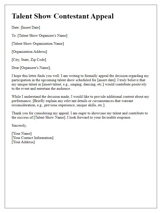 Letter template of appeal for talent show contestants