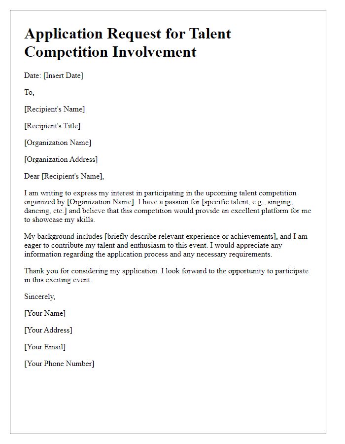 Letter template of application request for talent competition involvement