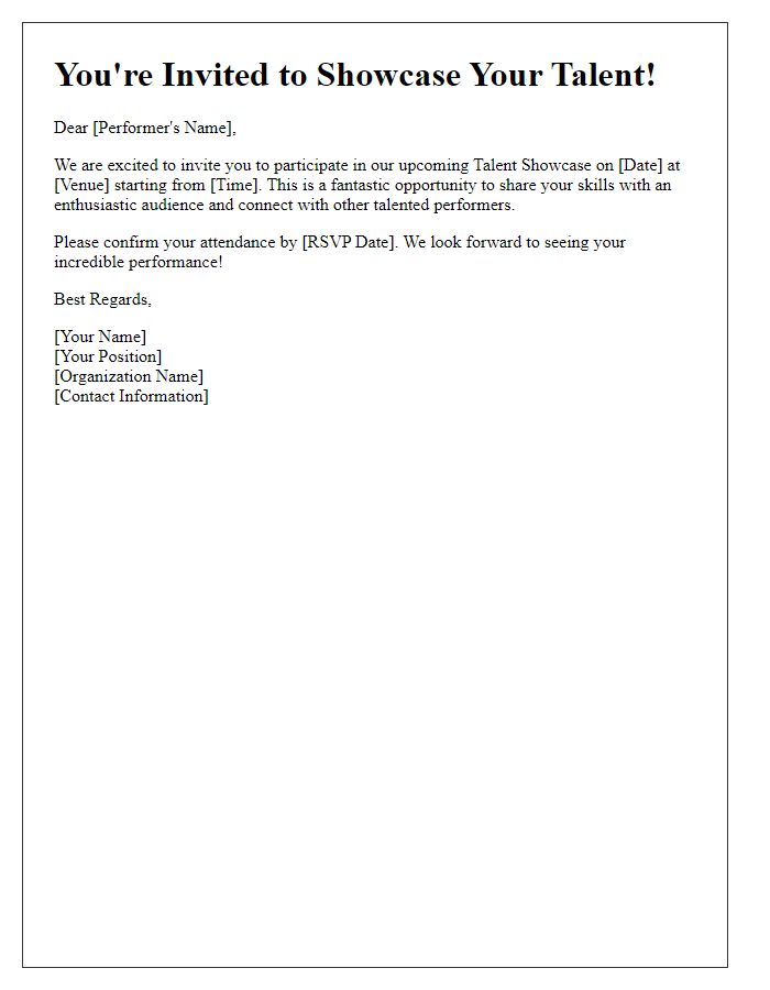 Letter template of invitation for performers in the talent showcase