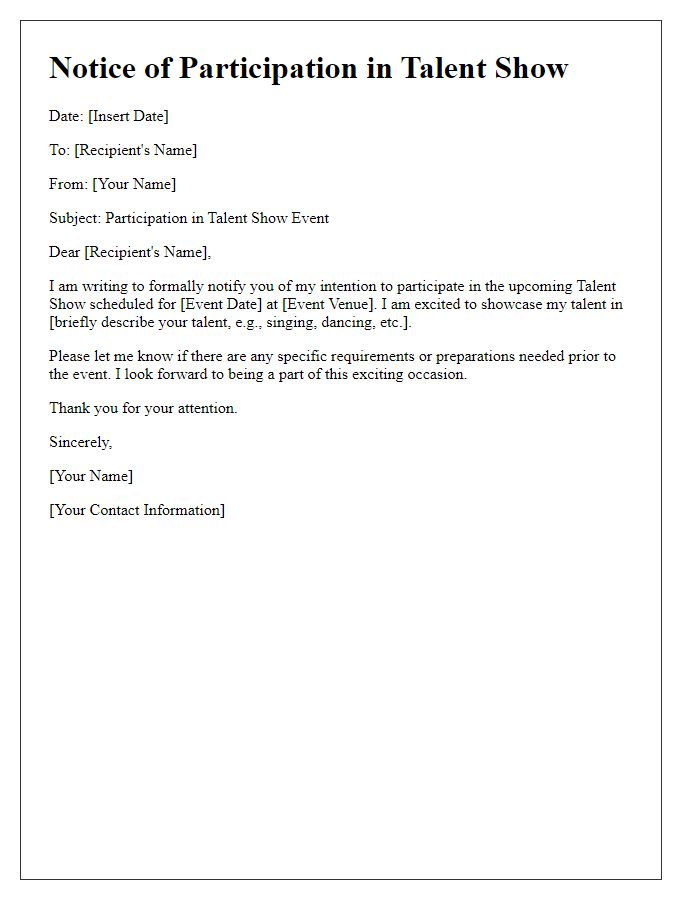 Letter template of notice for joining the talent show event