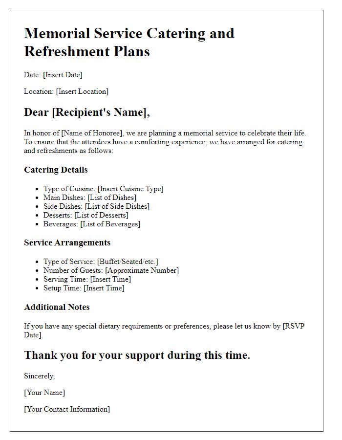 Letter template of memorial service catering and refreshment plans