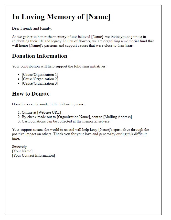 Letter template of memorial service donation and fundraising information