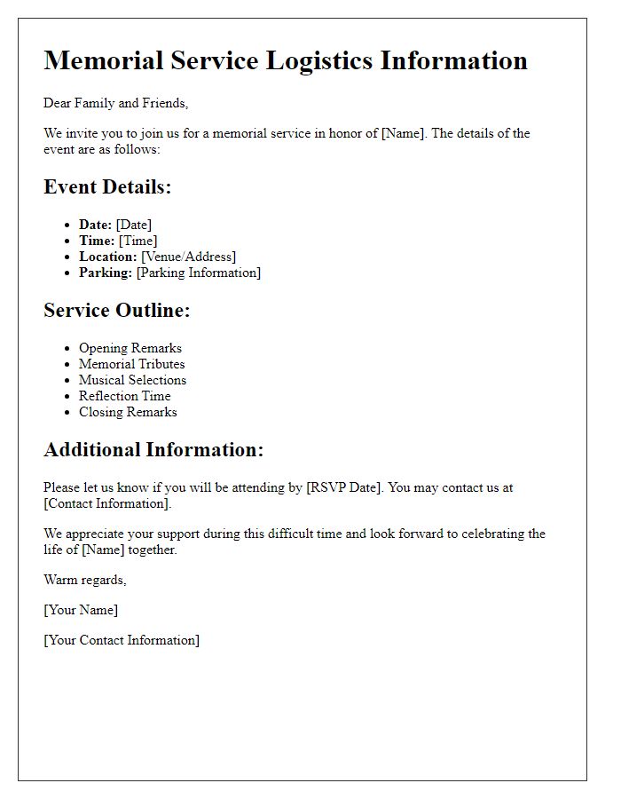 Letter template of memorial service event logistics information