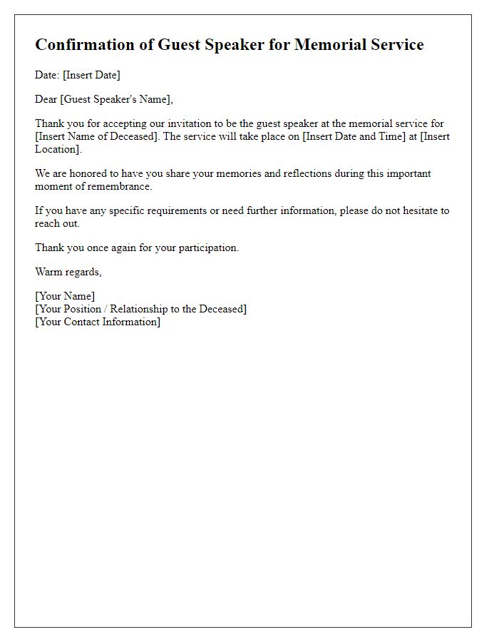 Letter template of memorial service guest speaker confirmation