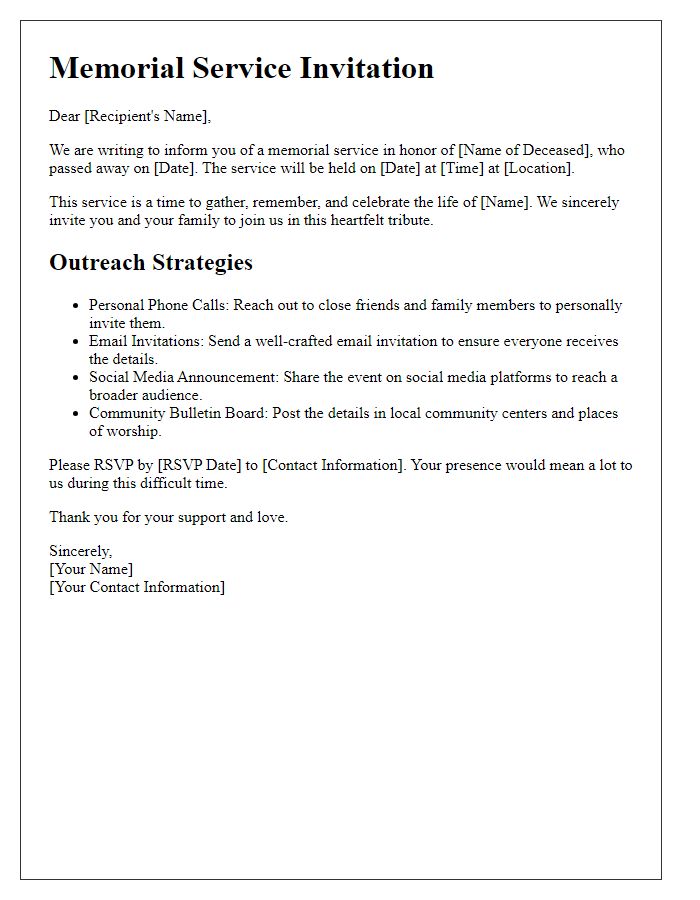 Letter template of memorial service outreach and invitation strategies