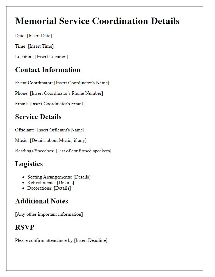 Letter template of memorial service planning coordination details