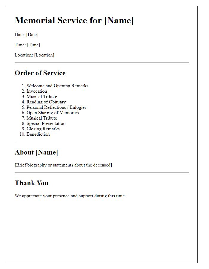 Letter template of memorial service program outline and content