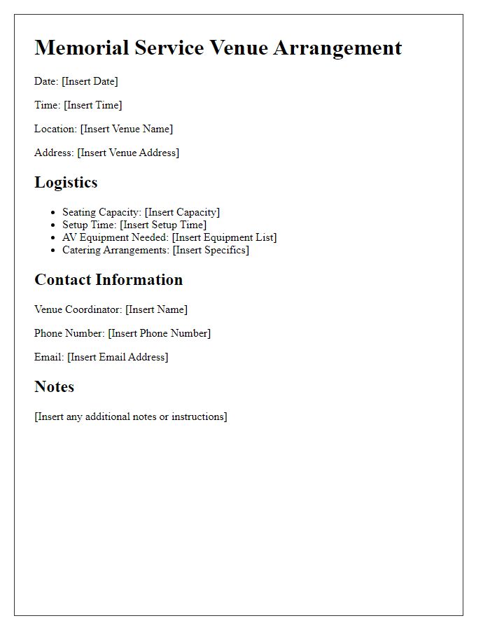 Letter template of memorial service venue arrangement specifics