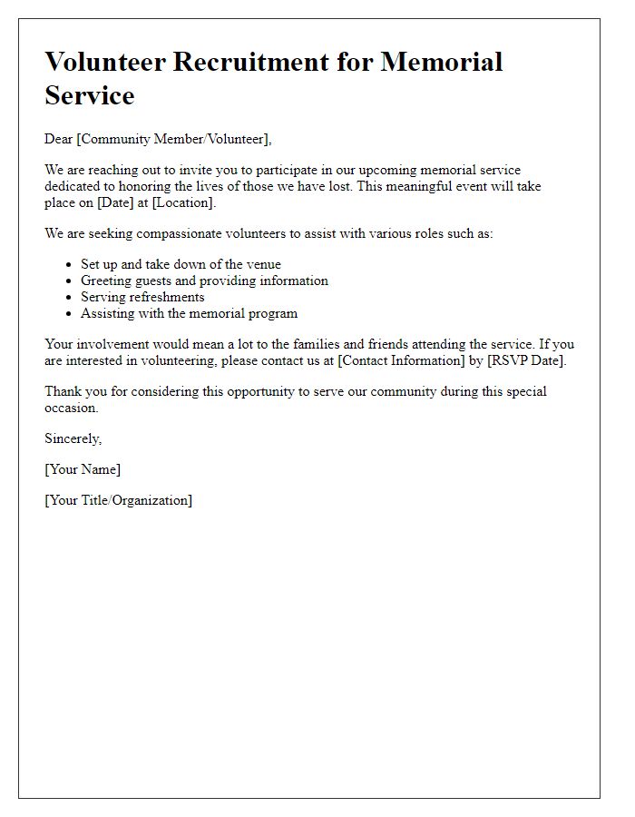 Letter template of memorial service volunteer recruitment details