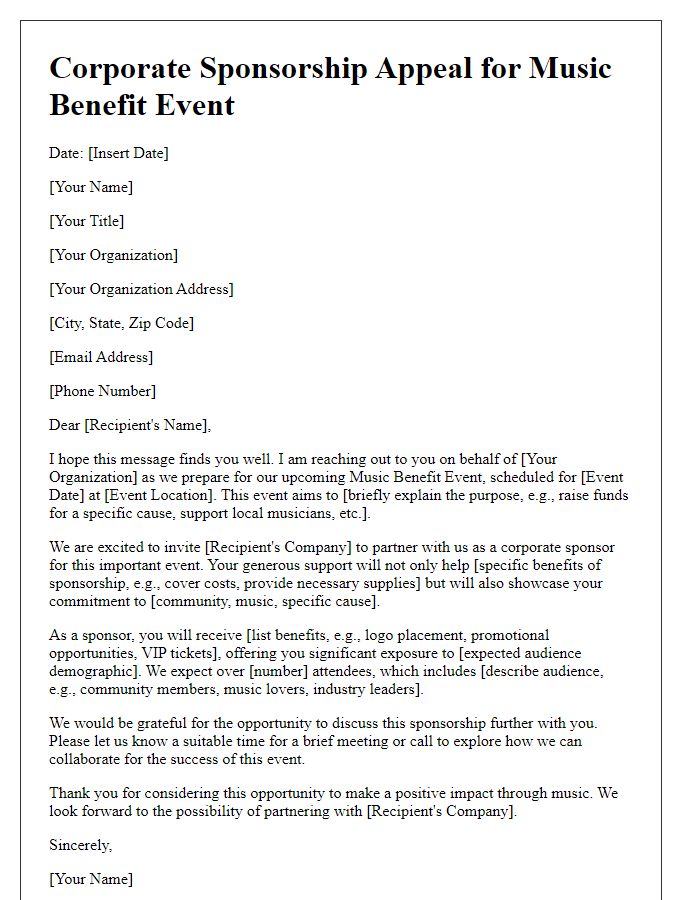 Letter template of corporate sponsorship appeal for music benefit event.