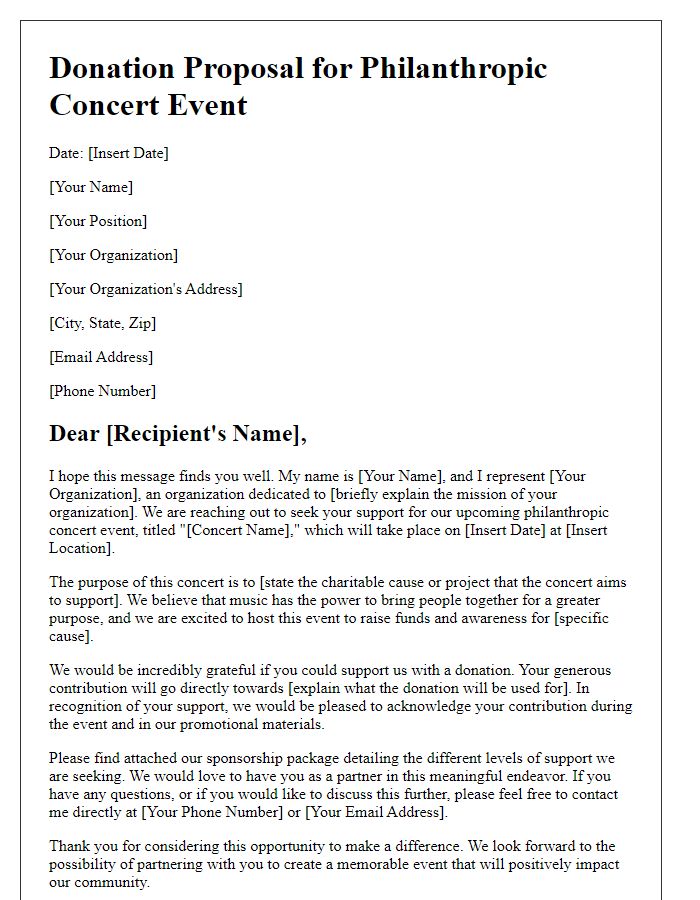 Letter template of donation proposal for philanthropic concert event.