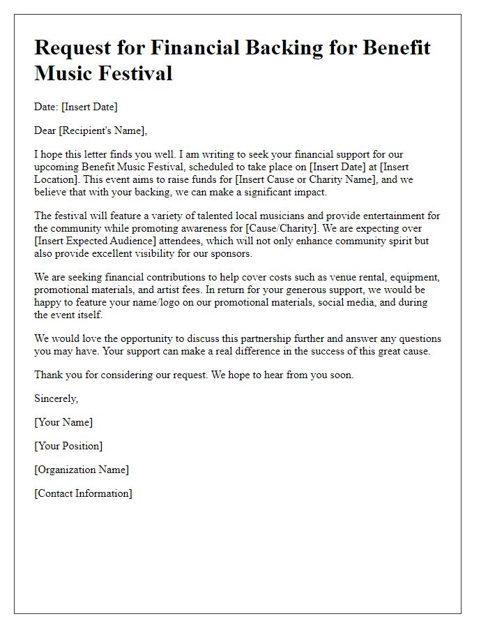 Letter template of financial backing request for benefit music festival.