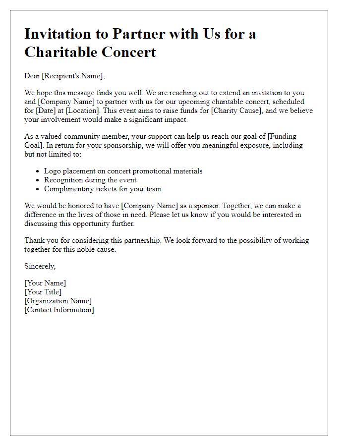 Letter template of partnership invitation for charitable concert sponsorship.