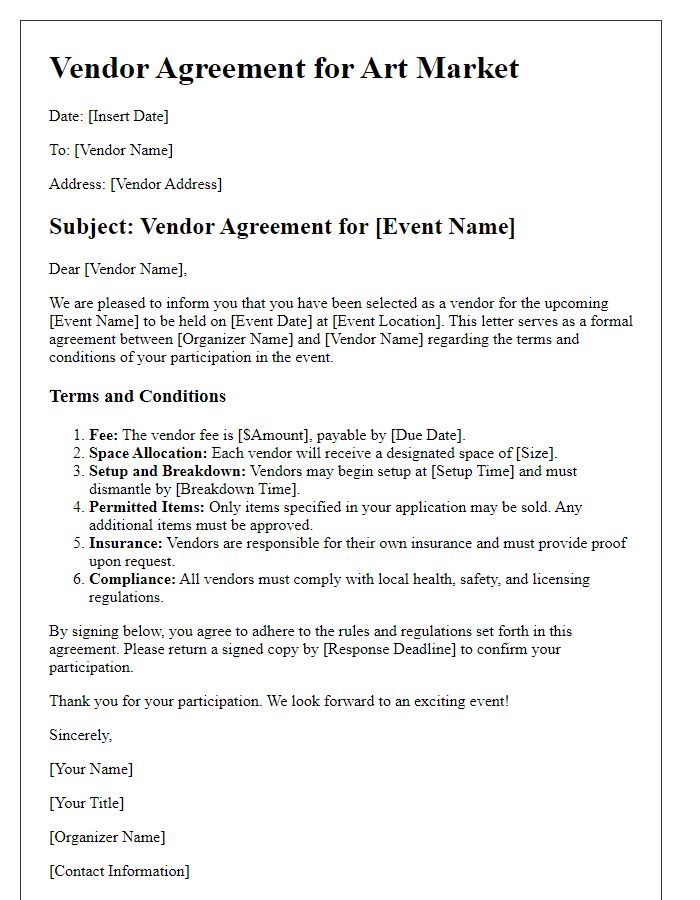 Letter template of vendor agreement for art market rules