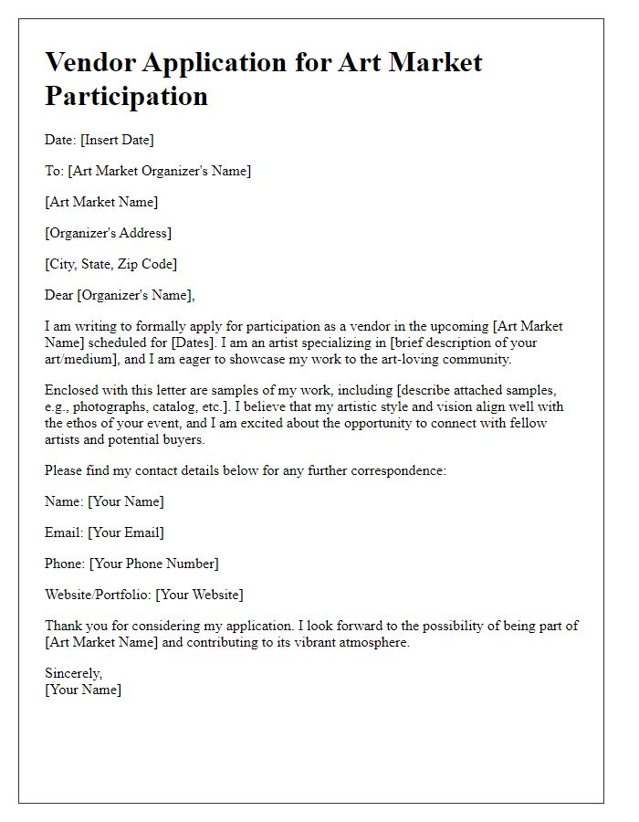 Letter template of vendor application for art market participation